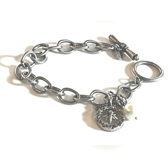 NEW Marlyn Schiff CHARM BRACELET Silver Honey Bee Pearl Facetet Crystal Beads 7” - Picture 2 of 4